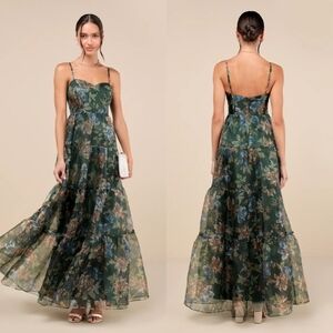 Lulus Exclusive Glamour Green Floral Organza Tiered Maxi Dress L Wedding Prom